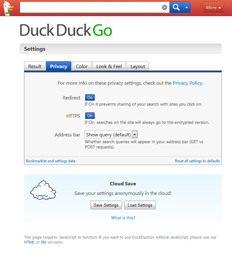 DuckDuckGo features a lot of different settings.